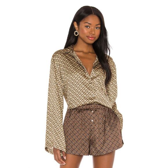 L’Academie Oversized Satin Button Down Tan Chain Patterned Small Revolve - Picture 1 of 13